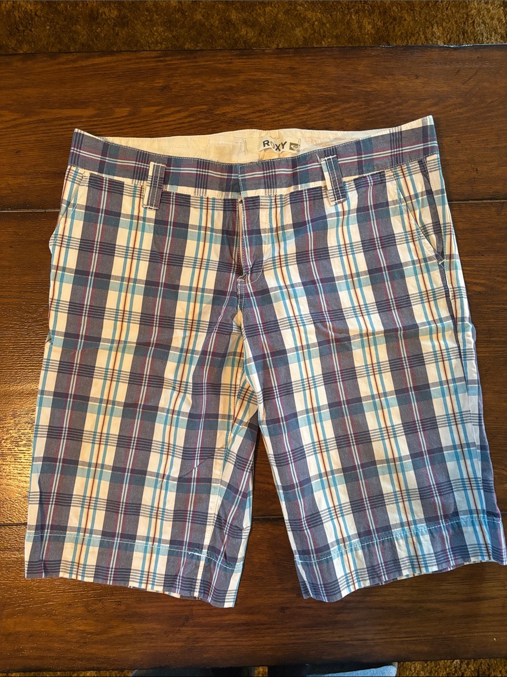 Roxy Juniors Plaid Flat-Front Shorts - Blue & White